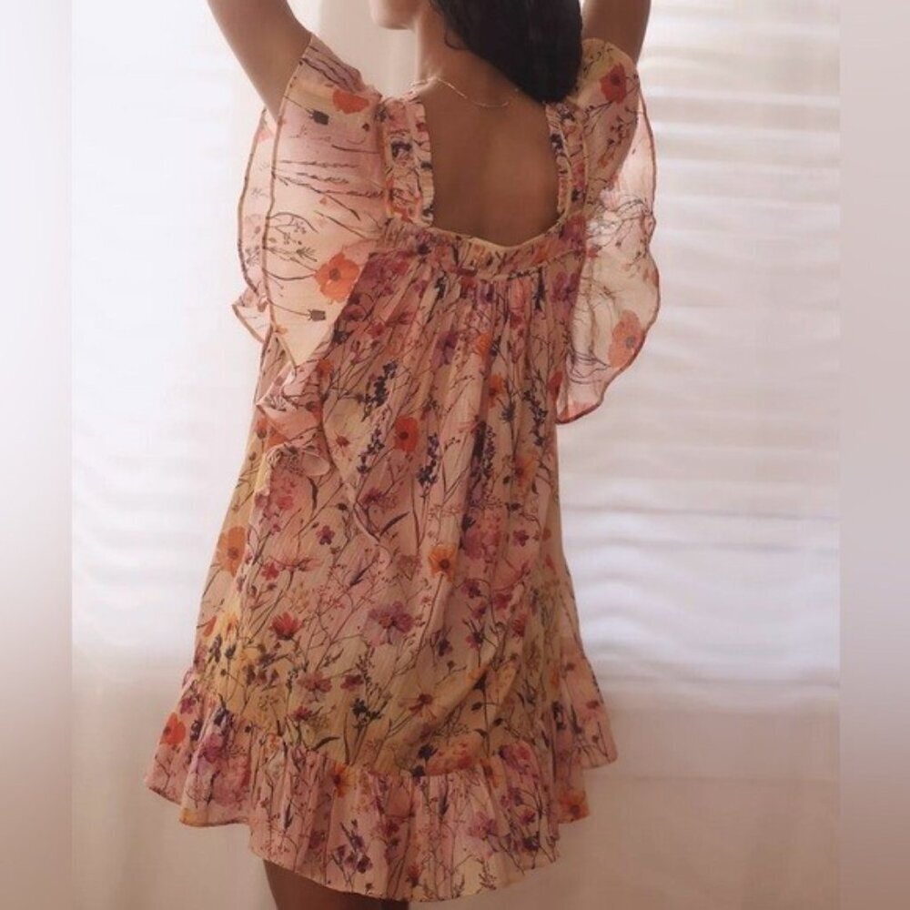 Anthropologie Floral Ruffle Mini Dress in Blush Pink and Orange